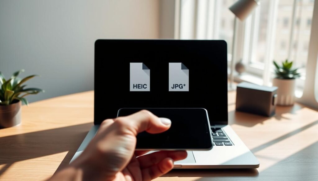 A digital workspace flooded with natural light, a sleek laptop displaying the HEIC and JPG file formats side by side. In the foreground, a hand holds a mobile device, showcasing the superior image quality and web-readiness of the JPG file. The background features a minimalist desk setup, with a modern monitor and a subtle hint of greenery, creating a serene, professional atmosphere. Soft shadows and warm tones emphasize the practical benefits of converting HEIC to JPG for everyday use and online sharing, capturing the essence of the section title. A digital workspace flooded with natural light, a sleek laptop displaying the HEIC and JPG file formats side by side. In the foreground, a hand holds a mobile device, showcasing the superior image quality and web-readiness of the JPG file. The background features a minimalist desk setup, with a modern monitor and a subtle hint of greenery, creating a serene, professional atmosphere. Soft shadows and warm tones emphasize the practical benefits of converting HEIC to JPG for everyday use and online sharing, capturing the essence of the section title.