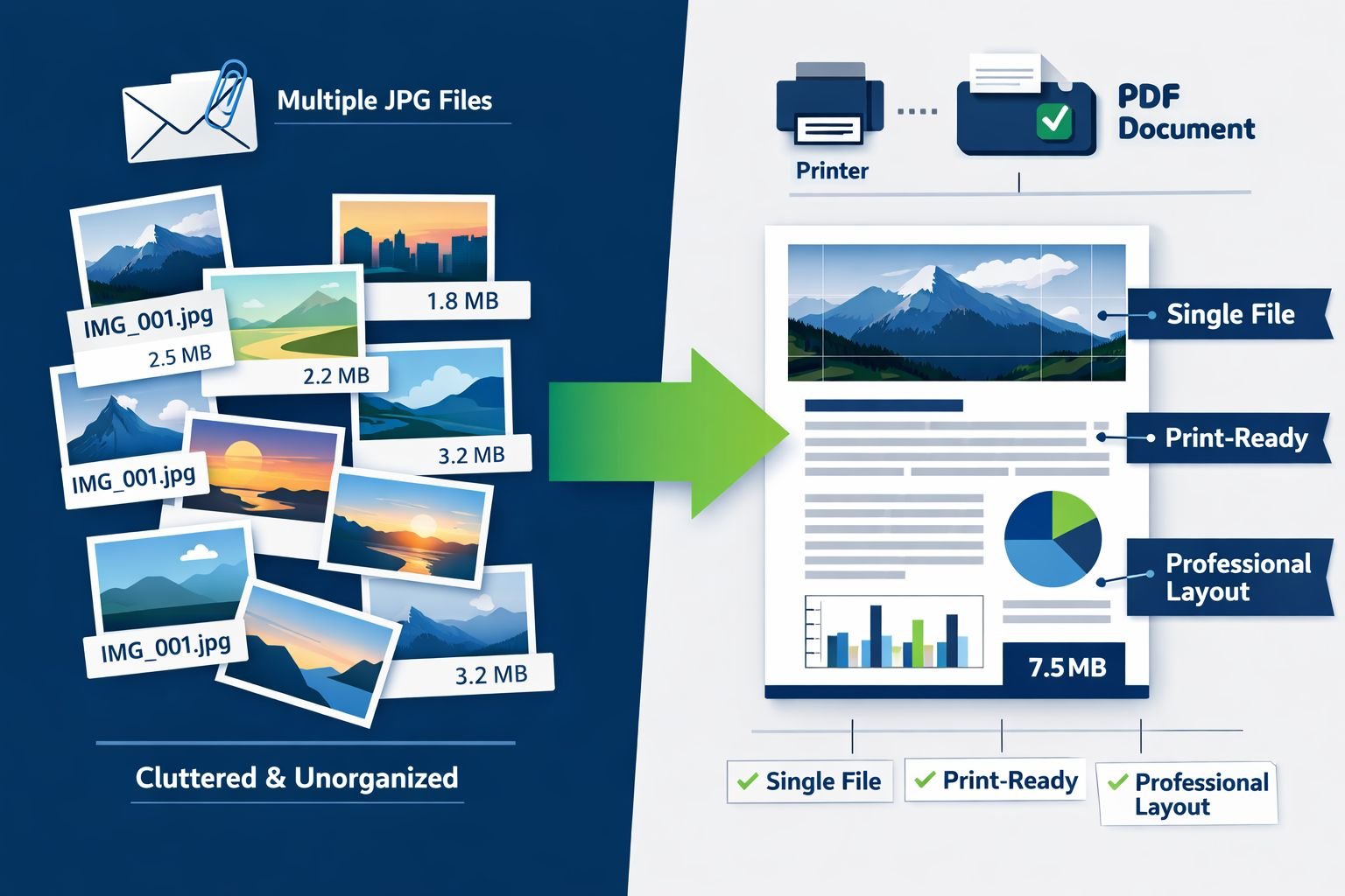 side-by-side comparison of scattered JPG photo files on left versus single organized PDF