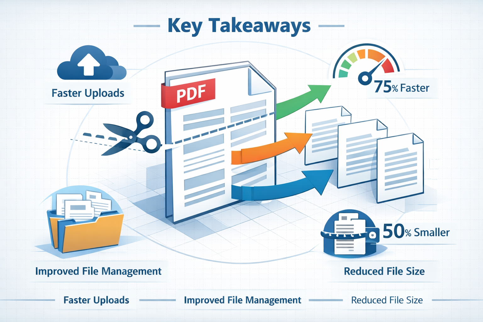 Infographic-style editorial illustration for 'Key Takeaways' section about PDF splitting, featuring a central isometric document transformin