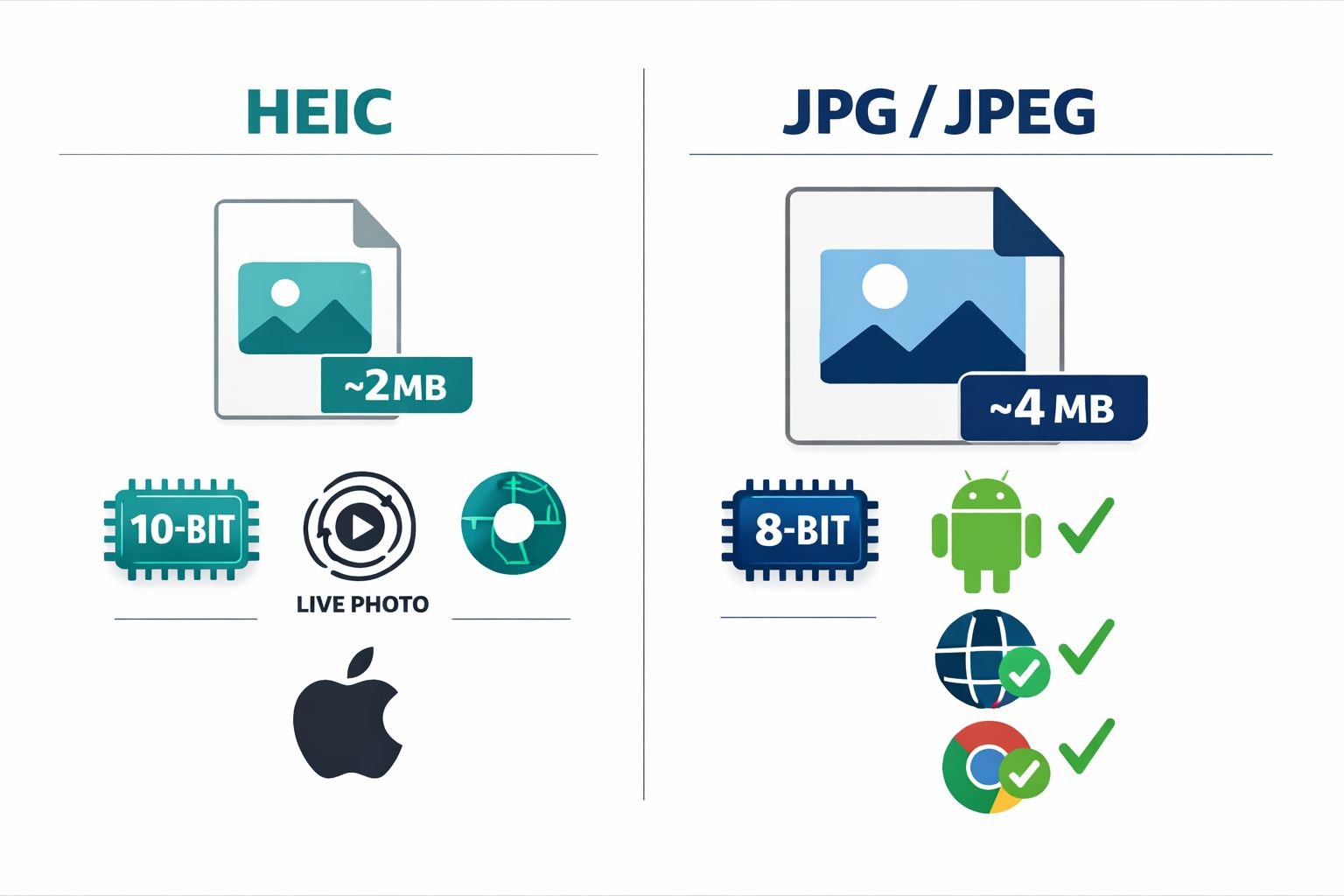 Landscape format (1536x1024) editorial infographic illustration showing a side-by-side visual comparison: left panel labeled 'HEIC' with a c