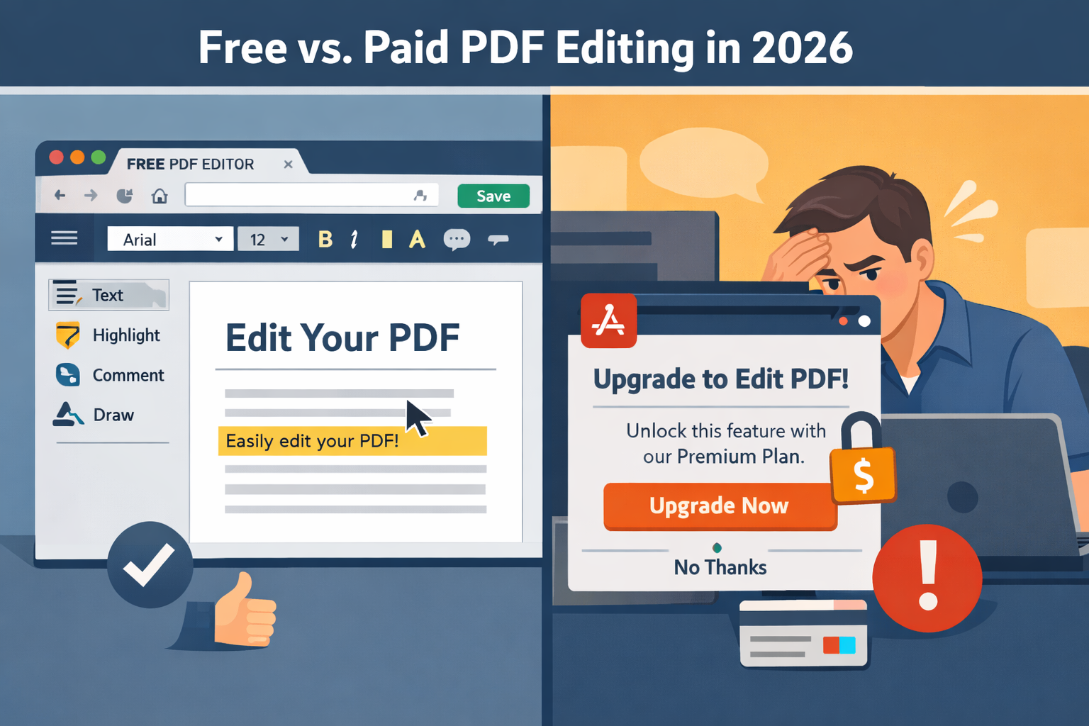 Landscape format (1536x1024) editorial illustration showing a split-screen comparison: left side displays a browser window with a free onlin