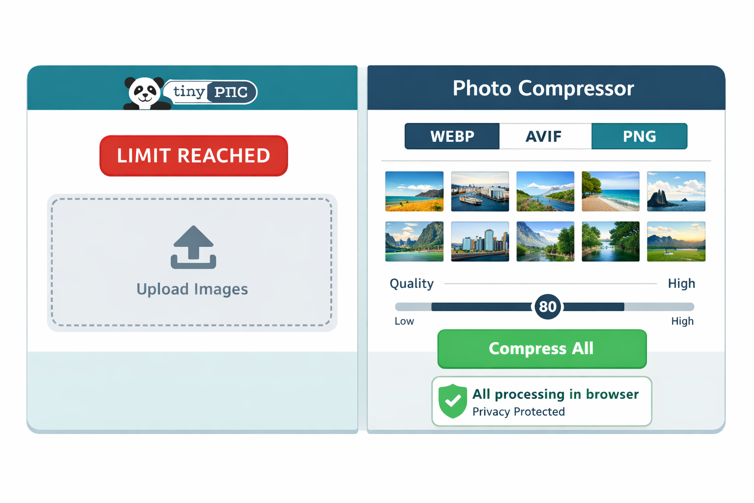 Landscape format (1536x1024) editorial illustration showing a side-by-side comparison dashboard of image compression tools: TinyPNG logo on 