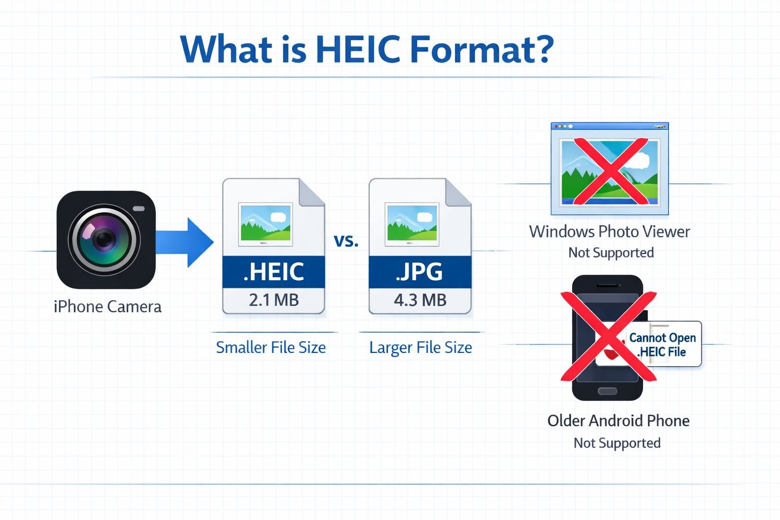 Landscape format (1536x1024) educational infographic-style illustration explaining what HEIC format is. Shows an iPhone camera icon on the l