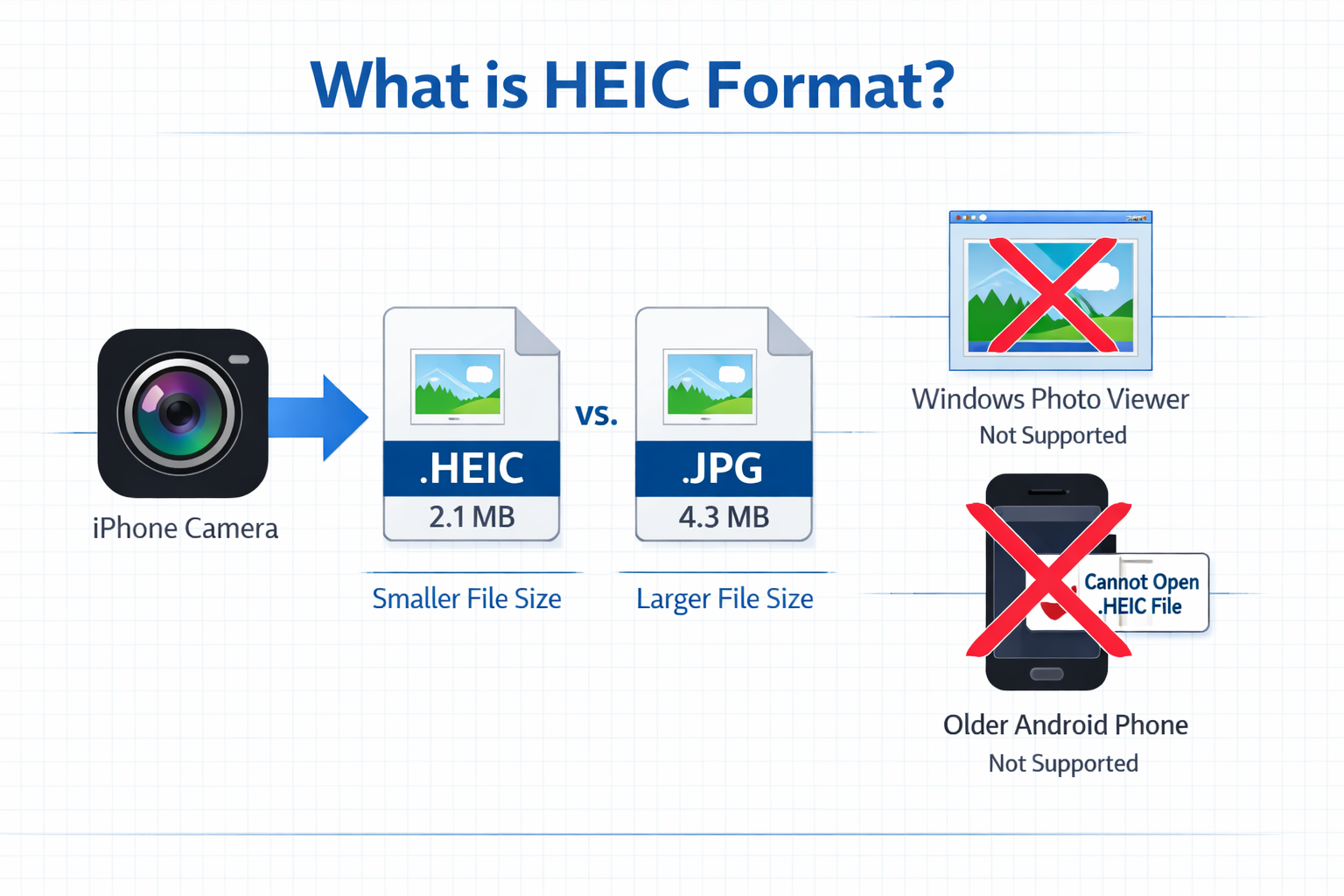 Landscape format (1536x1024) educational infographic-style illustration explaining what HEIC format is. Shows an iPhone camera icon on the l