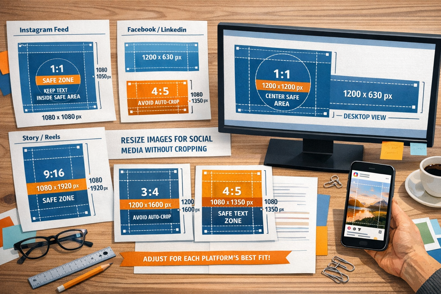 () editorial infographic scene focused on social media image sizes and safe zones. Show a top-down creative desk with