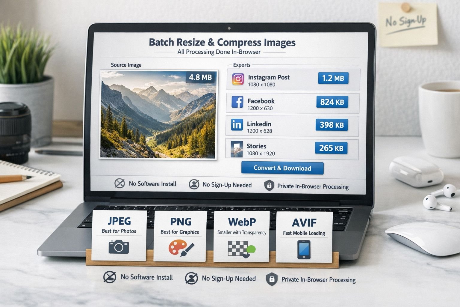 () editorial product-style composition showing a browser-based image workflow for batch resizing and compression. Feature a
