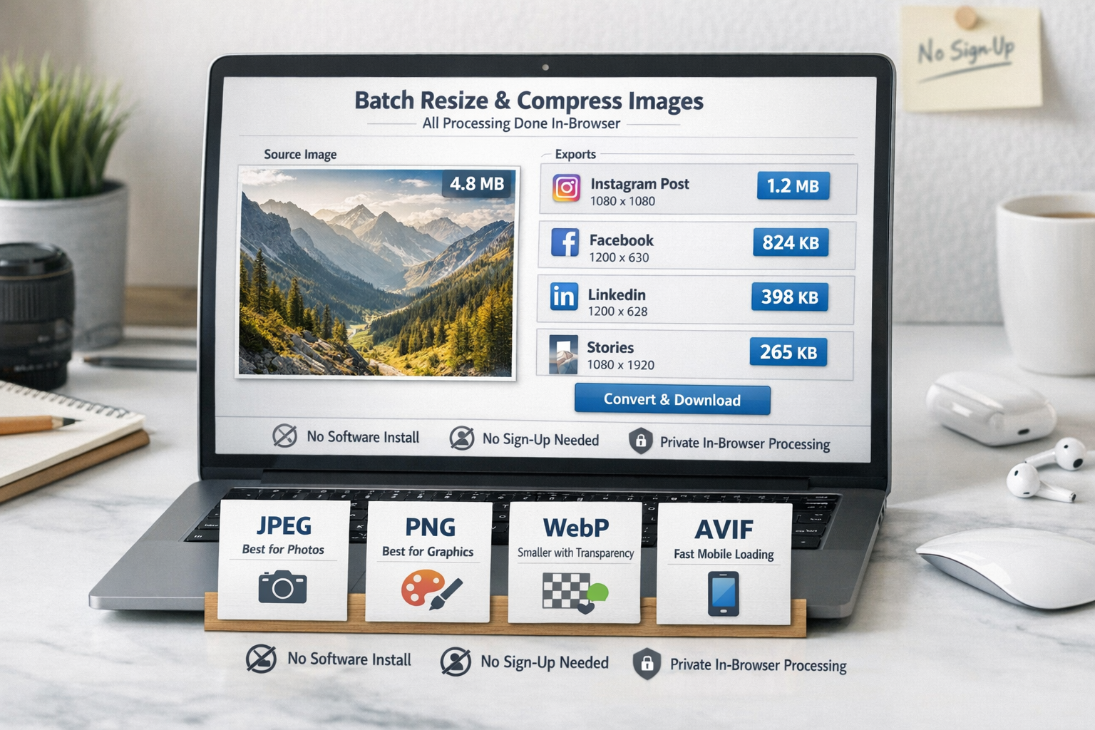 () editorial product-style composition showing a browser-based image workflow for batch resizing and compression. Feature a