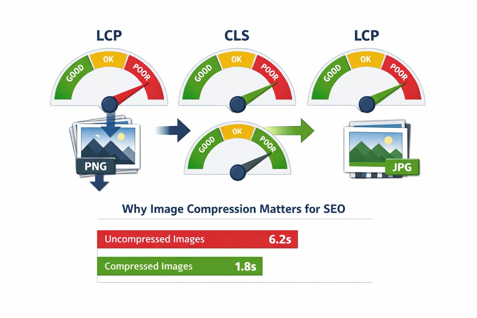 Landscape format (1536x1024) infographic-style illustration showing Core Web Vitals metrics (LCP, CLS, FID) as three colored gauge meters. T