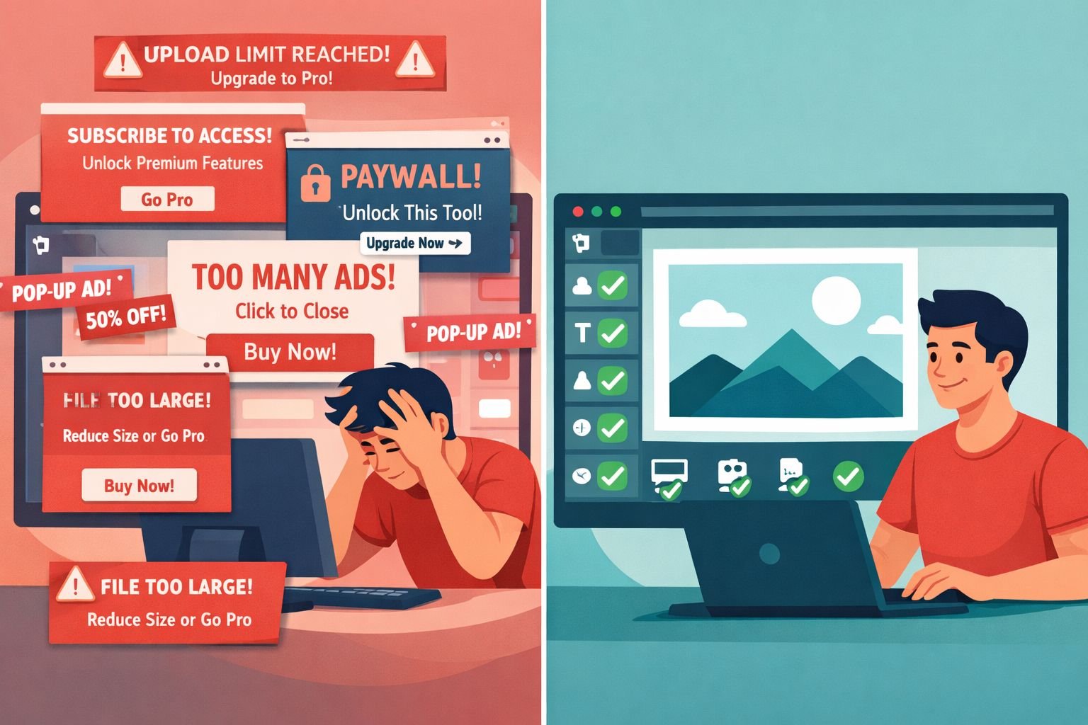 Landscape format (1536x1024) conceptual illustration showing a frustrated user at a computer screen with popup ads, upload limit warnings, a