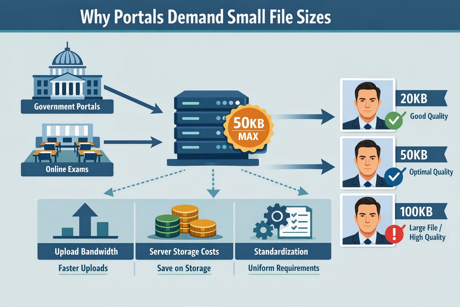 Landscape format (1536x1024) infographic-style illustration showing 'Why Portals Demand Small File Sizes' with visual icons of a government 