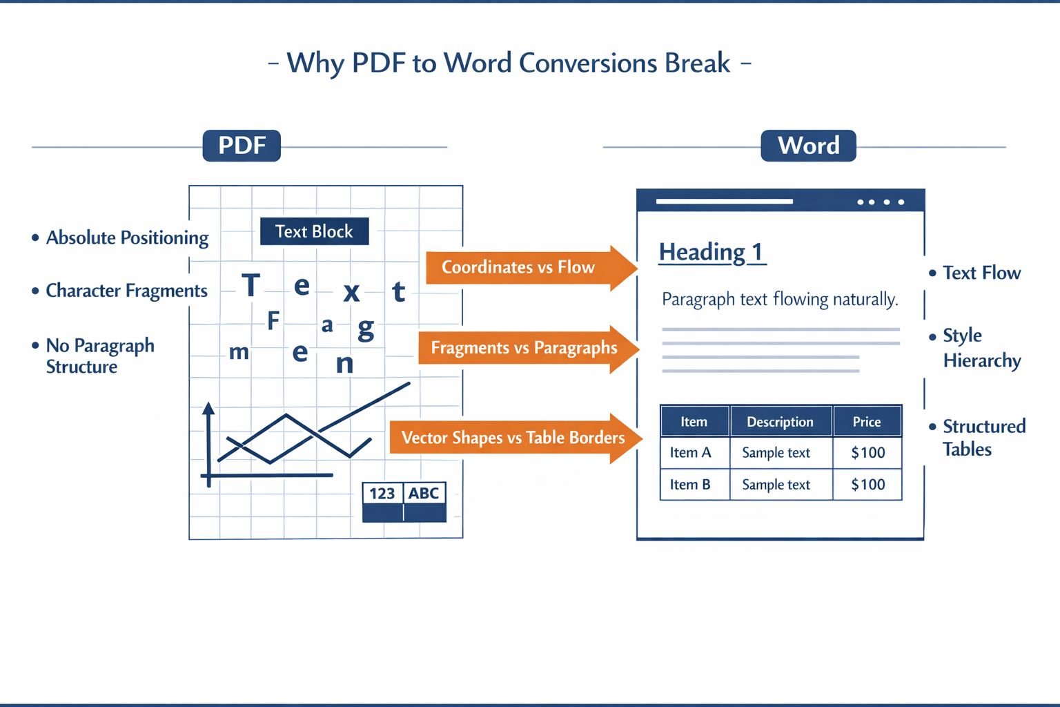 Landscape format (1536x1024) technical diagram illustrating why PDF to Word conversions break. Left panel shows a PDF coordinate system with