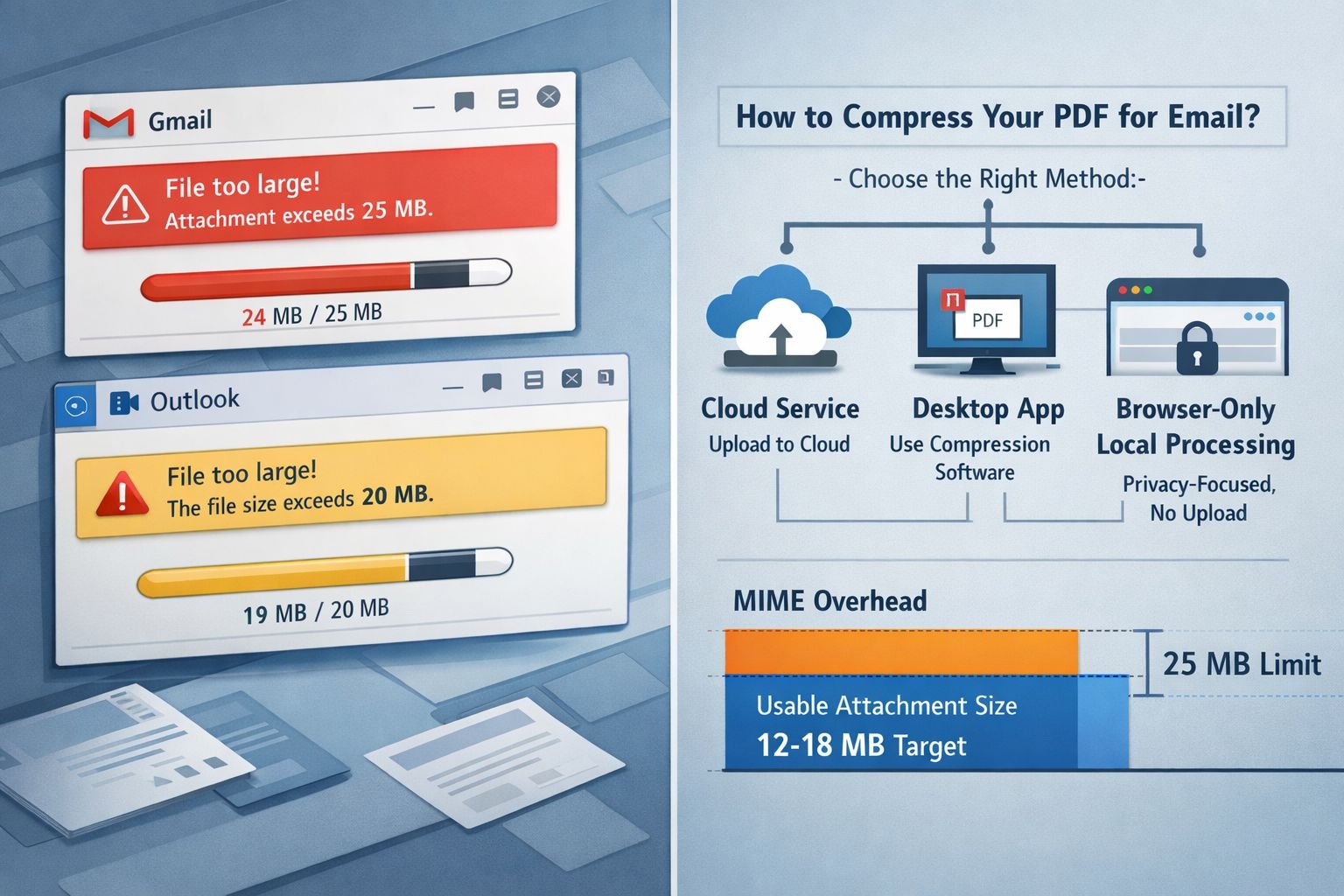 Editorial infographic scene focused on email attachment limits and choosing the right method to compress pdf for email. Show