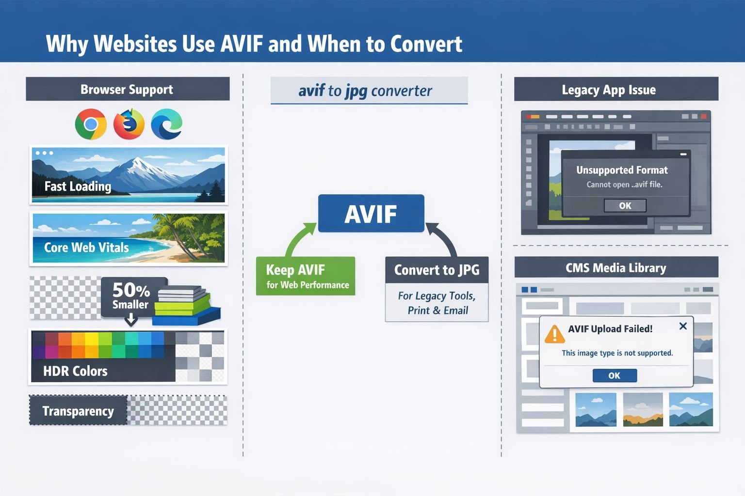 Professional explanatory infographic scene focused on why websites use AVIF and when compatibility breaks. Show side-by-side
