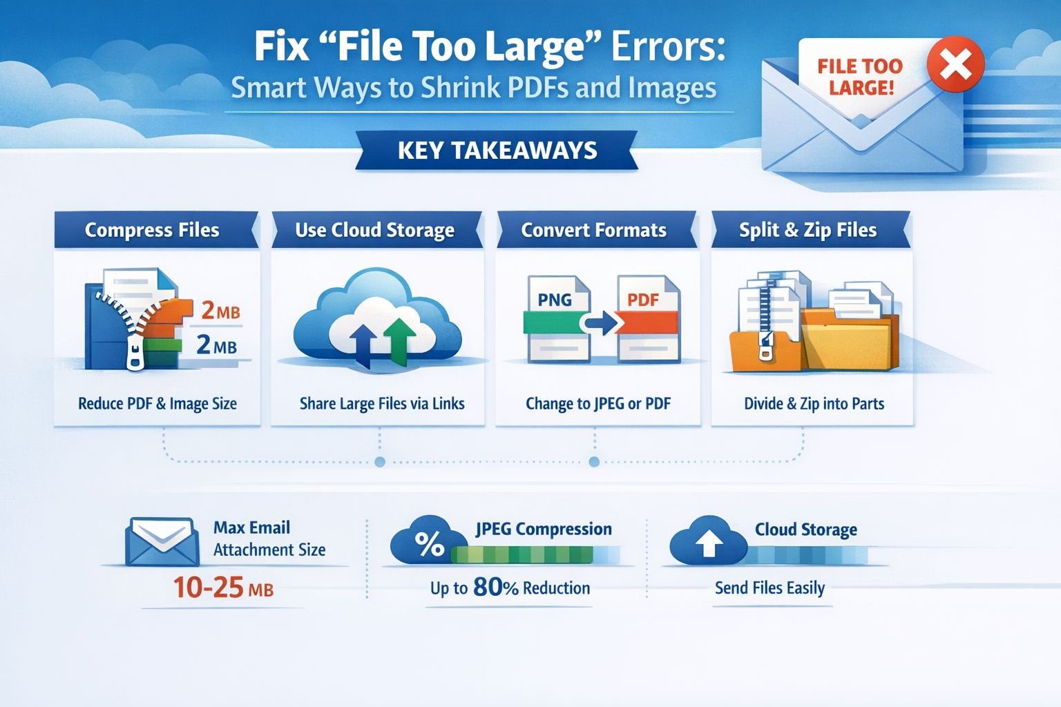 Professional landscape infographic () for article "Fix file too large to email: Smart ways to shrink PDFs and images",