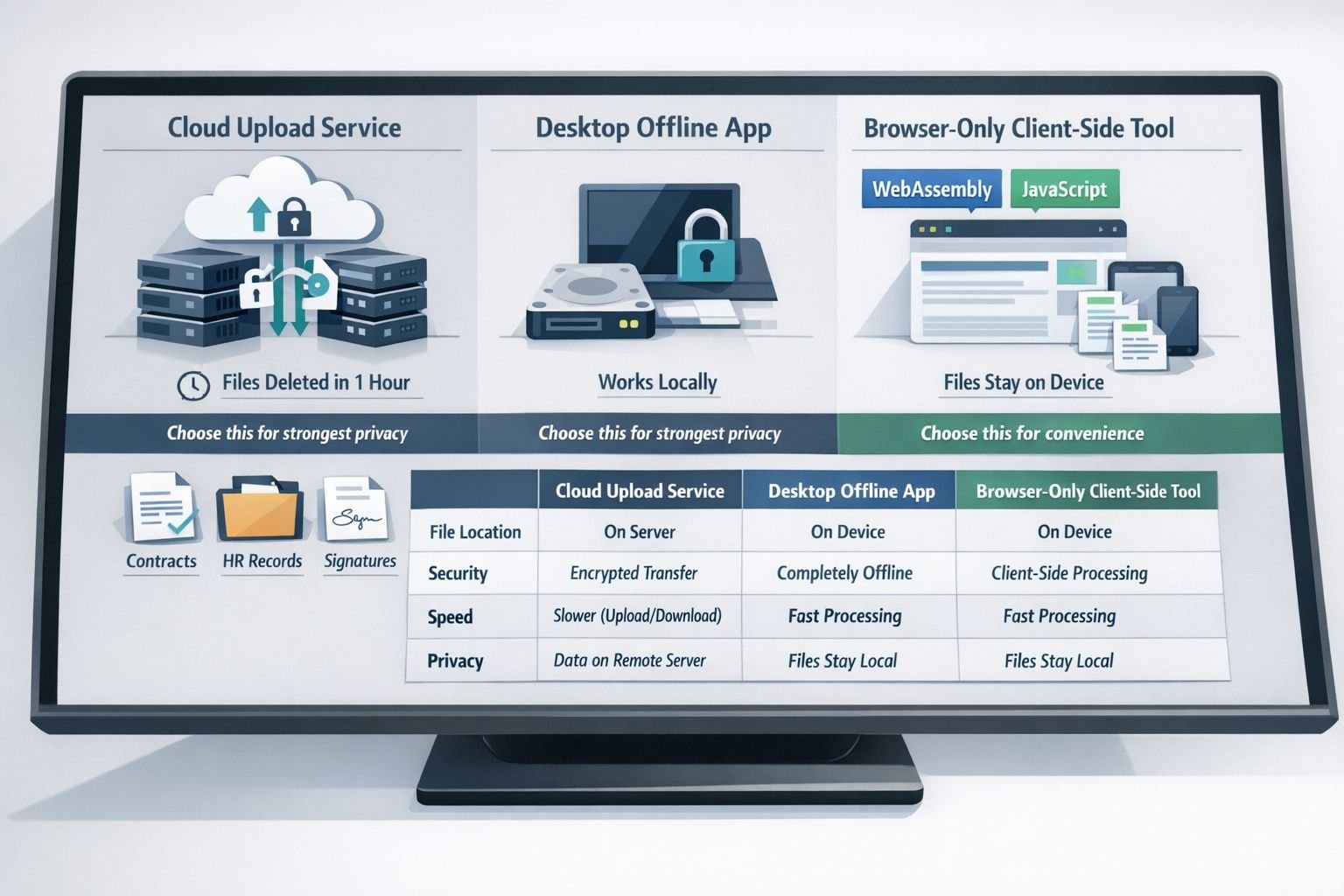 Infographic-style editorial image focused on comparing cloud, desktop, and browser-only PDF workflows for users who need to