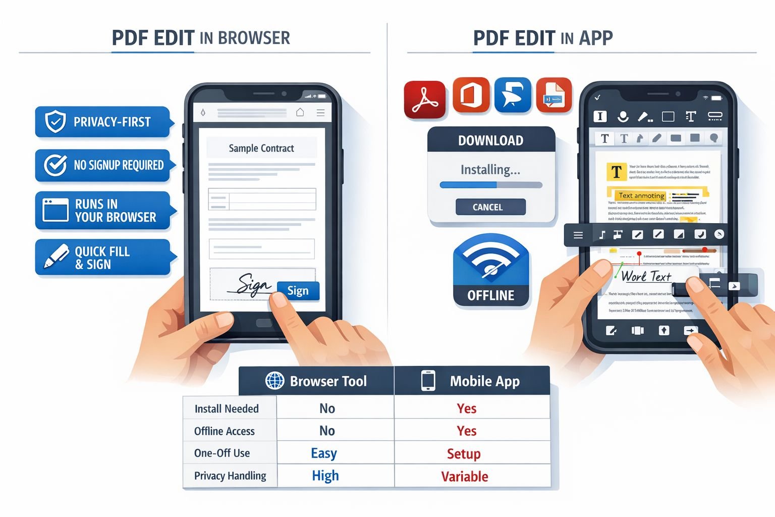 () editorial infographic scene focused on the section about choosing between browser tools and apps for edit pdf on mobile