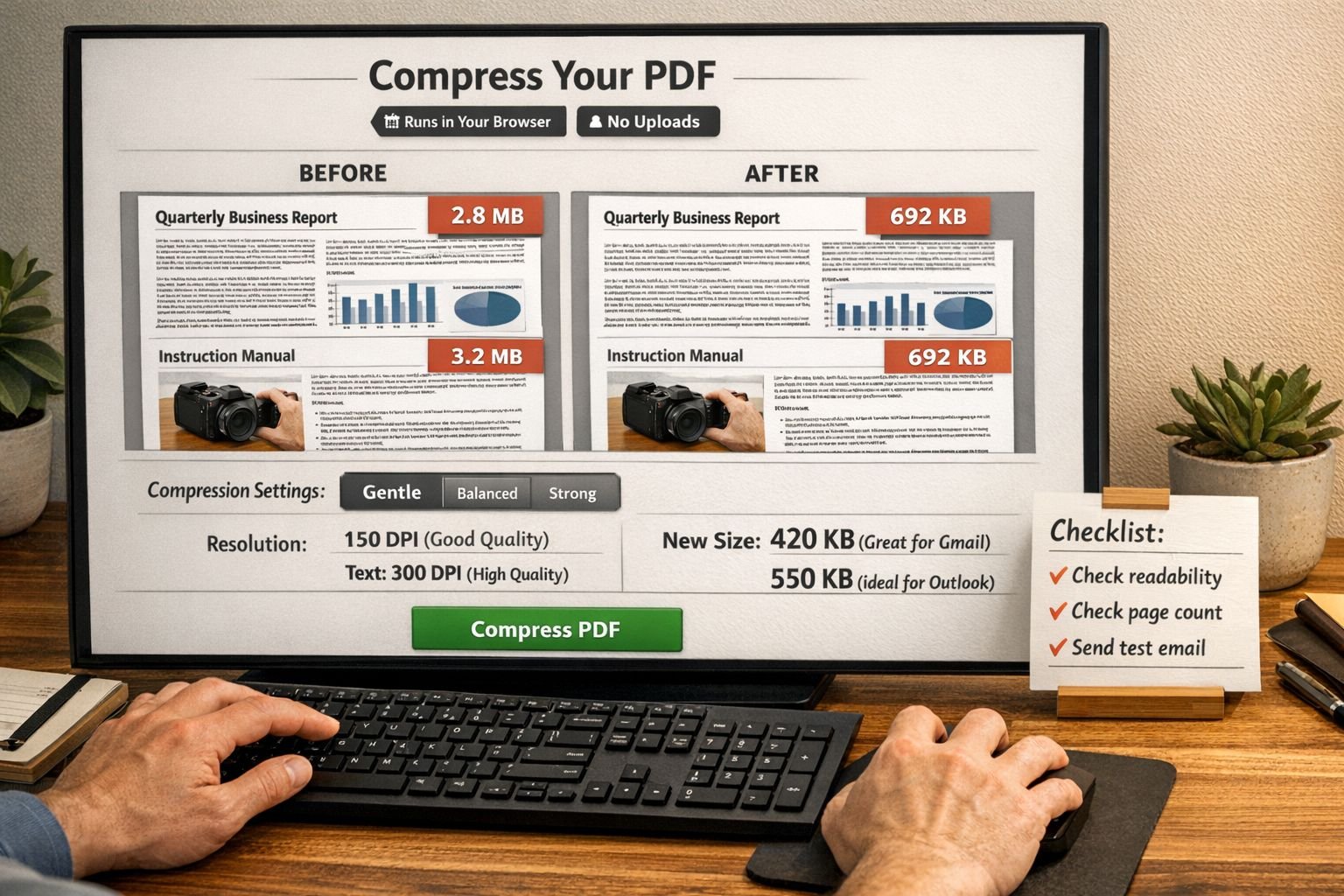 Editorial step-by-step visual for how to compress pdf for email without visible quality loss. Show hands using a