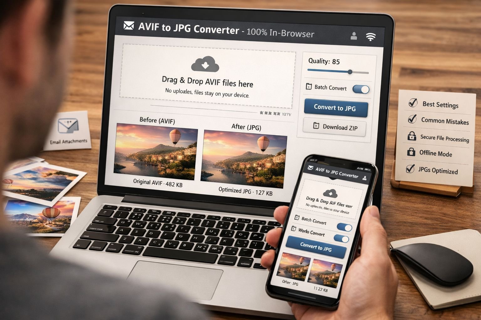 Professional practical step-by-step browser conversion scene showing a laptop and smartphone using a privacy-first avif to