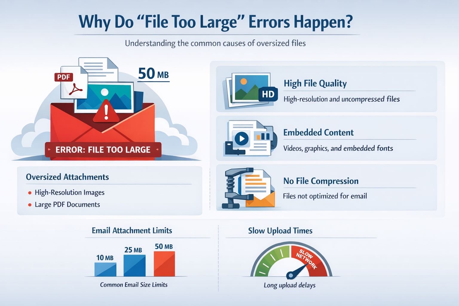 Professional landscape infographic () for article "Fix file too large to email: Smart ways to shrink PDFs and images",