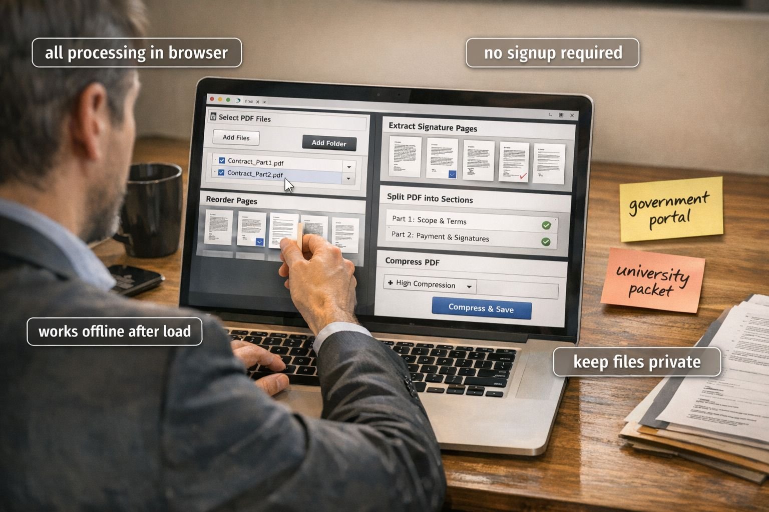 Step-by-step scene showing a hands-on secure PDF workflow to merge and split pdf without uploading sensitive documents. Use
