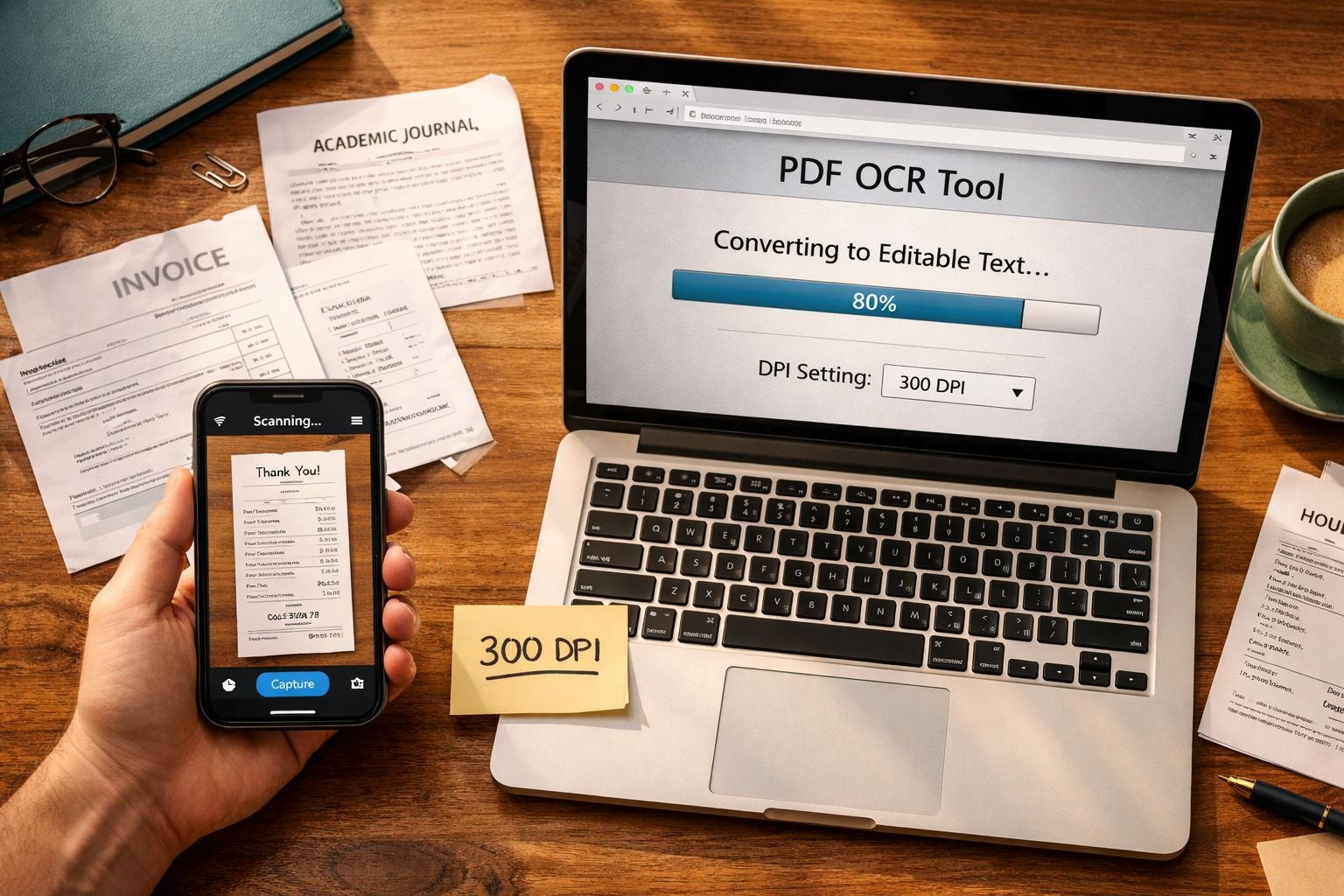 Detailed () photograph-style image of a desktop workspace from above showing a phone scanning a paper receipt with a