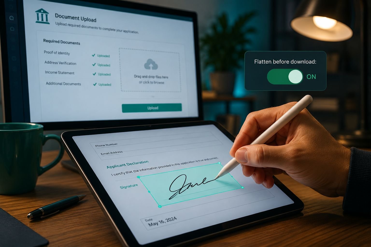 Detailed () close-up scene of a hand using a stylus on a tablet to draw a cursive signature inside a highlighted PDF