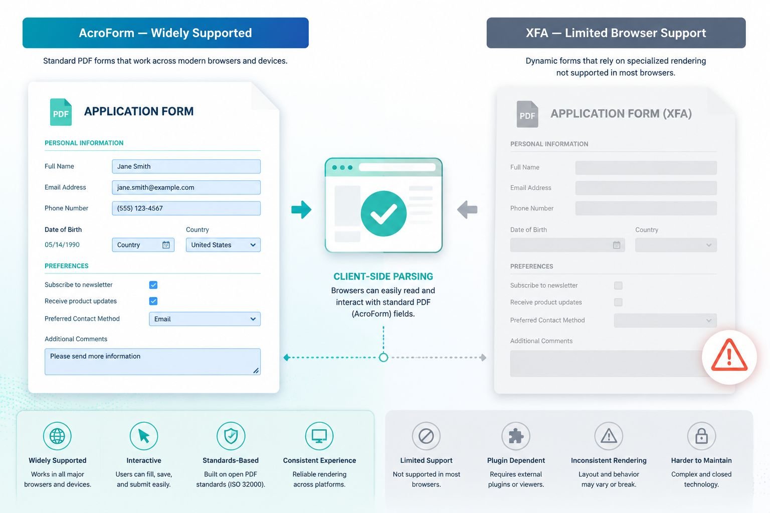 Detailed () split-screen illustration showing the difference between AcroForm and XFA PDF structures. Left side displays a