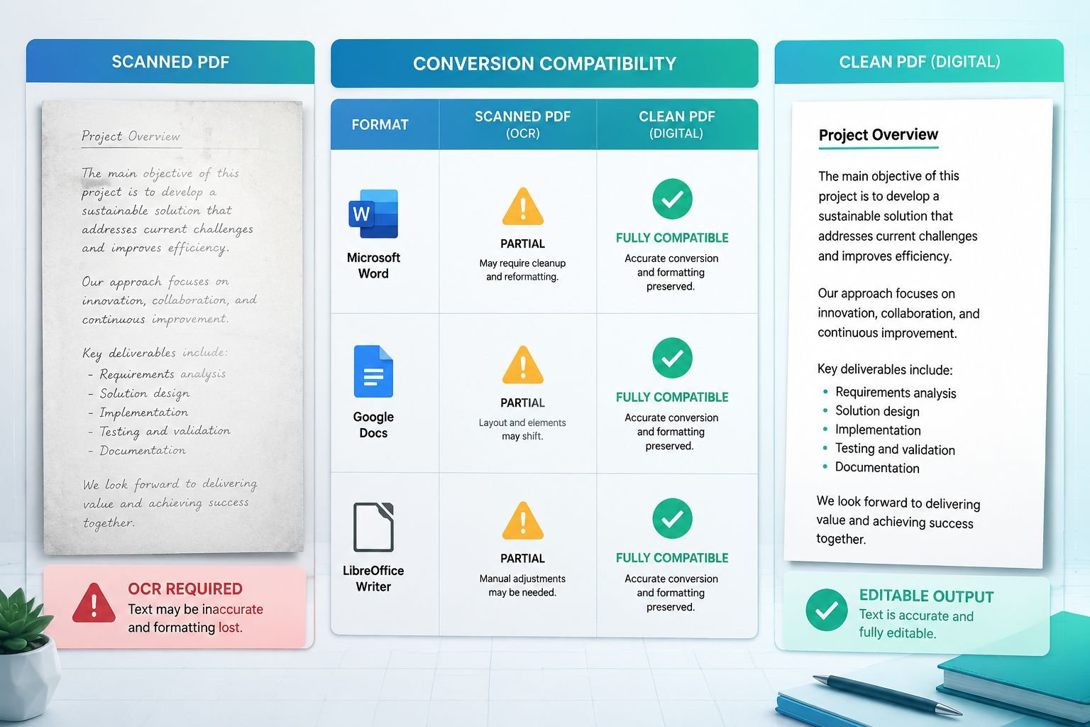 () comparison table visualization showing PDF to Word conversion scenarios. Left column shows a scanned PDF page with faded
