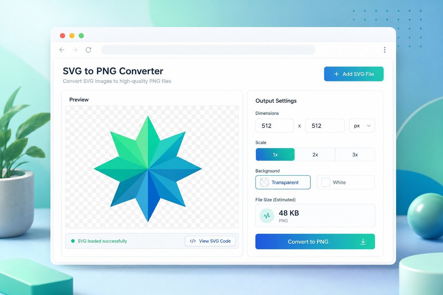 () concept illustration showing a browser window UI mockup of an SVG-to-PNG converter tool. The interface displays a live