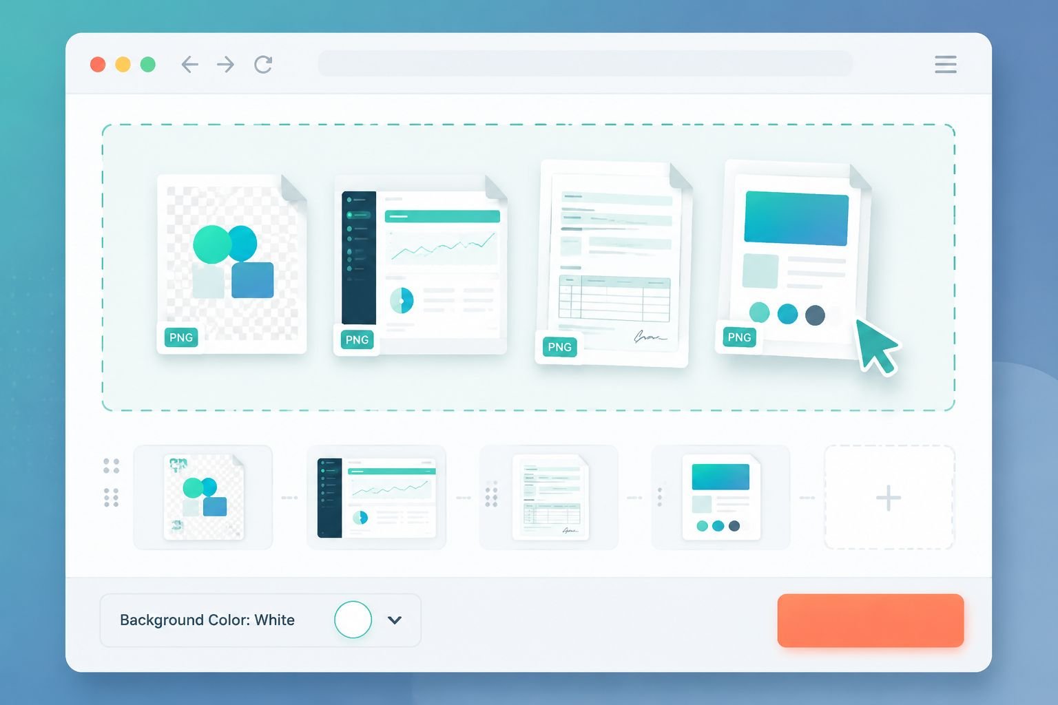 () instructional illustration showing a browser window drop zone interface with four PNG image thumbnails being dragged in &mdash;