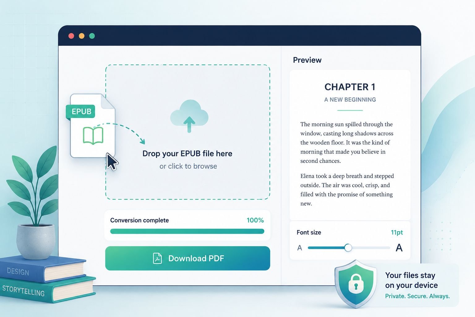 () instructional illustration showing a browser window with a drag-and-drop file upload zone at center, an EPUB file icon