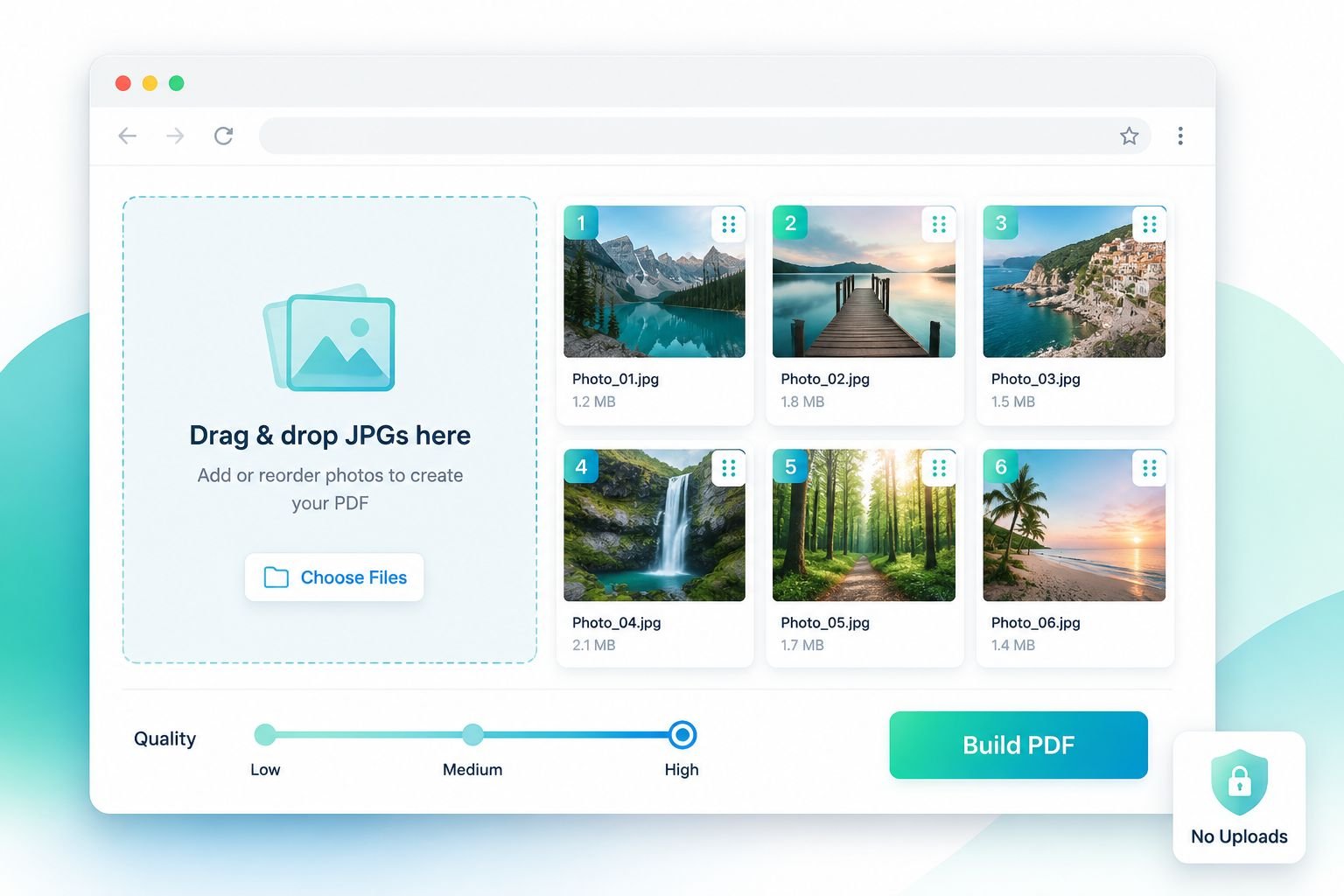() instructional illustration showing a browser window with a large drag-and-drop zone, six JPG photo thumbnails arranged in