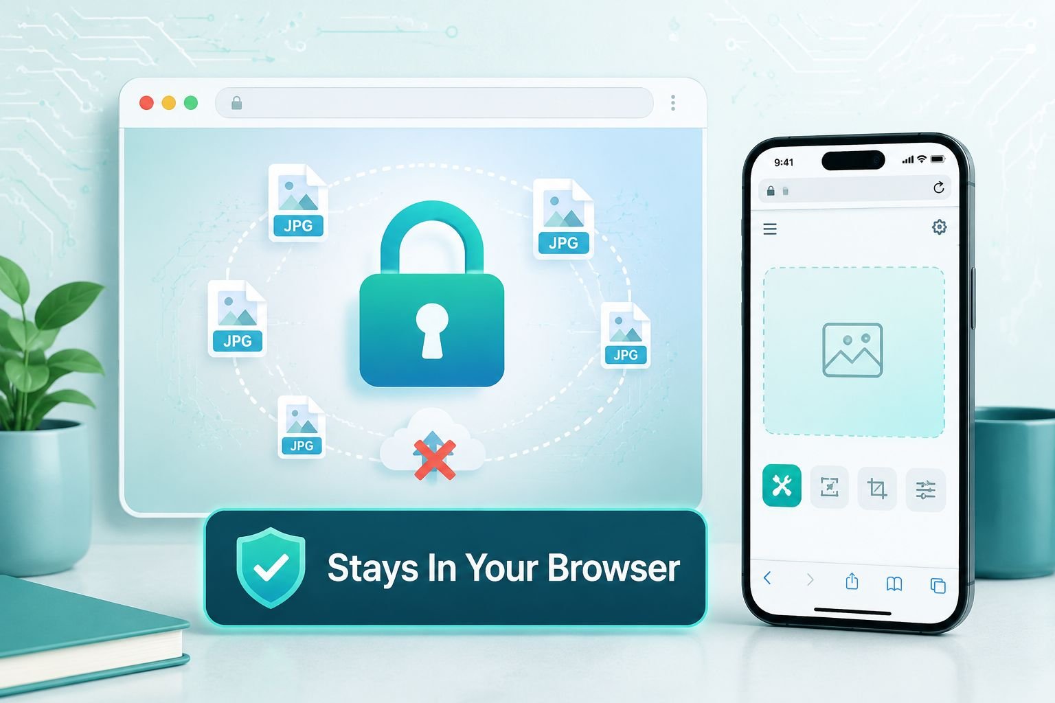 () privacy-focused concept illustration showing a padlock icon overlaid on a browser window, with JPG image icons orbiting