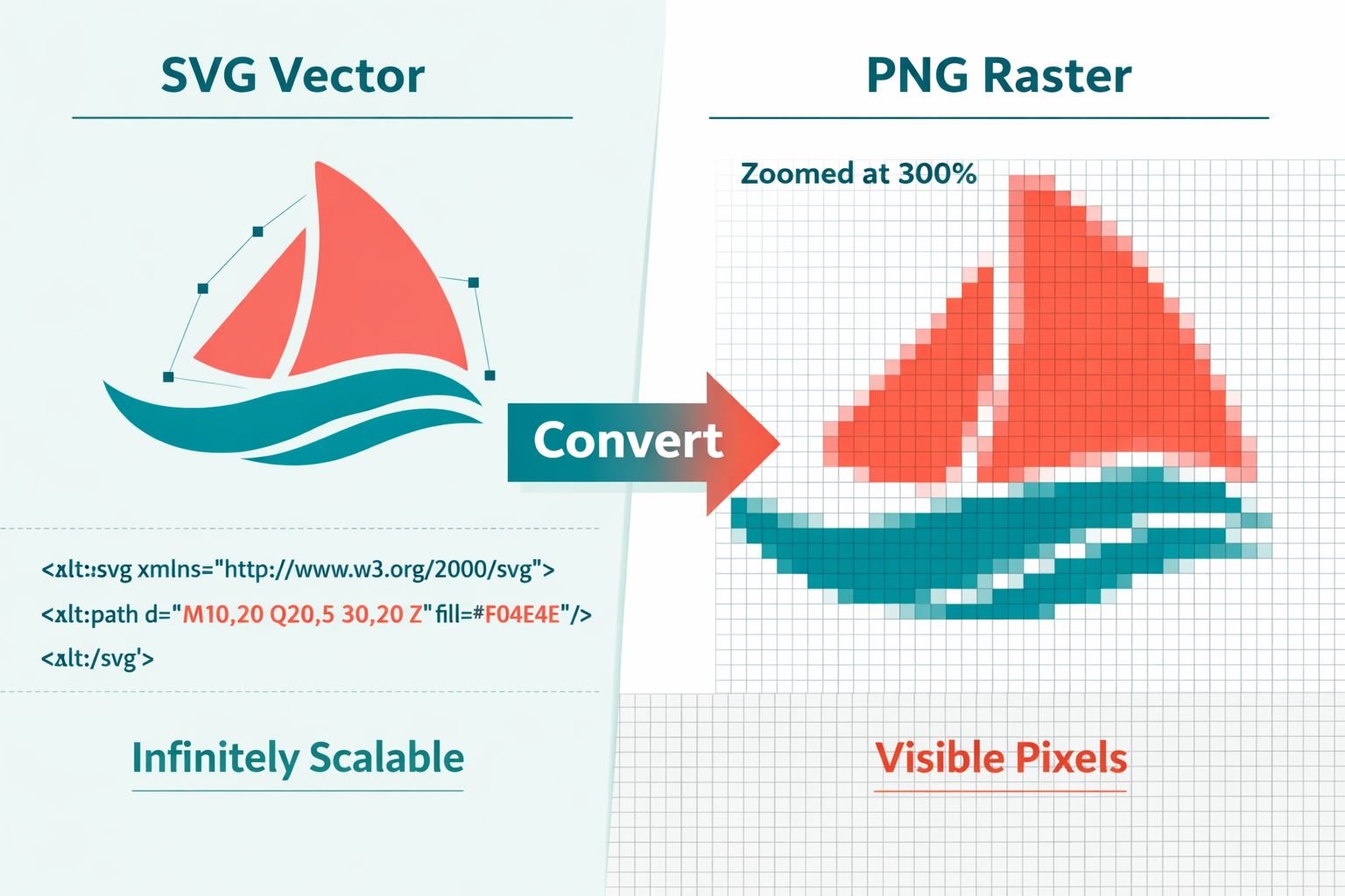 () split-screen conceptual illustration comparing SVG vector format on the left &mdash; showing an infinitely scalable logo with