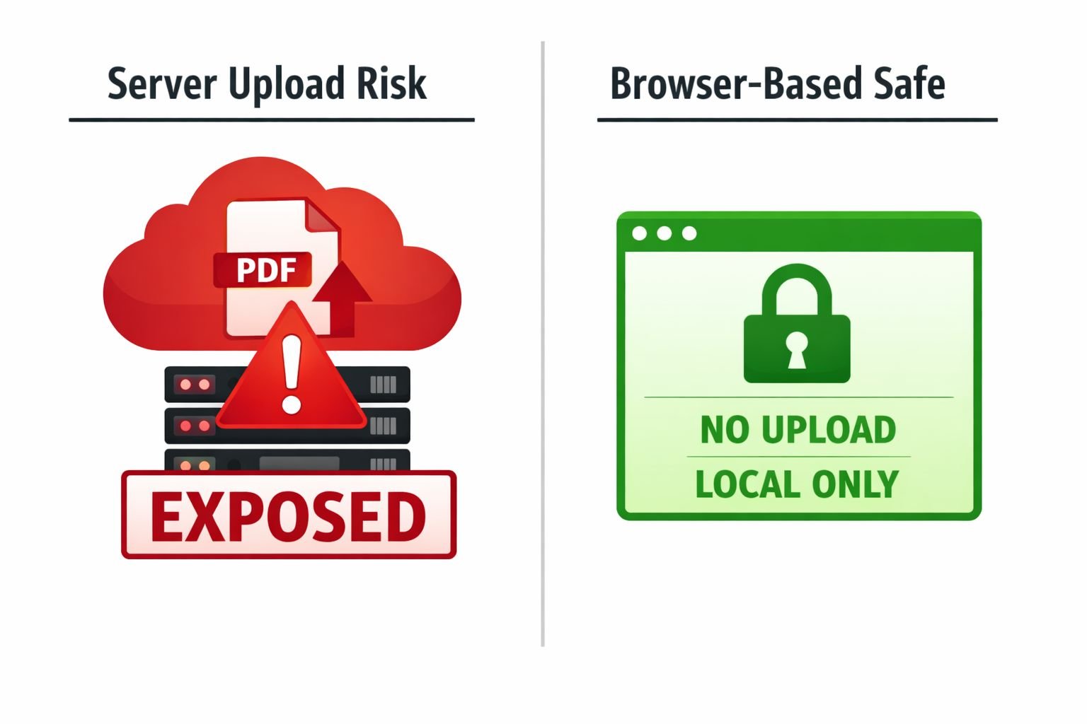 () concept illustration showing two side-by-side comparison panels: LEFT panel labeled 'Server Upload Risk' shows a