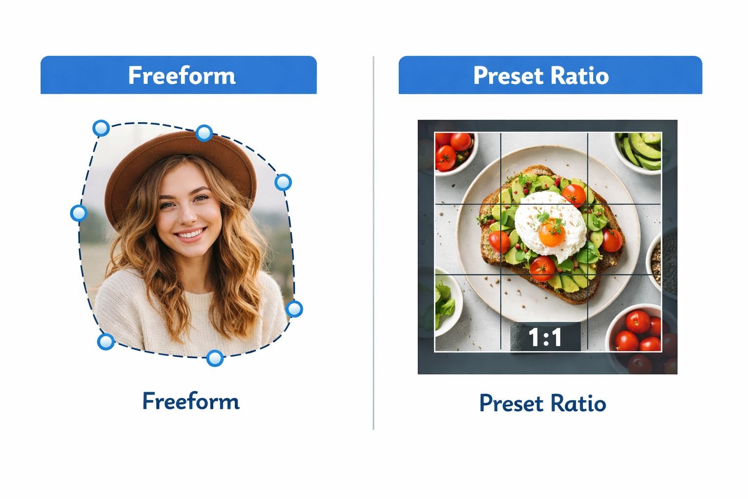 () split-screen concept illustration showing two crop mode options side by side: left panel displays a freeform crop