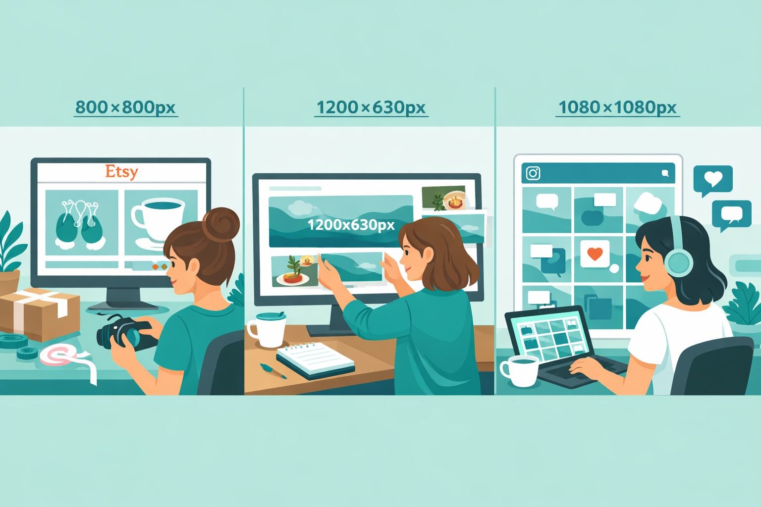 () editorial illustration showing three distinct use-case panels side by side: left panel shows an Etsy seller at a desk