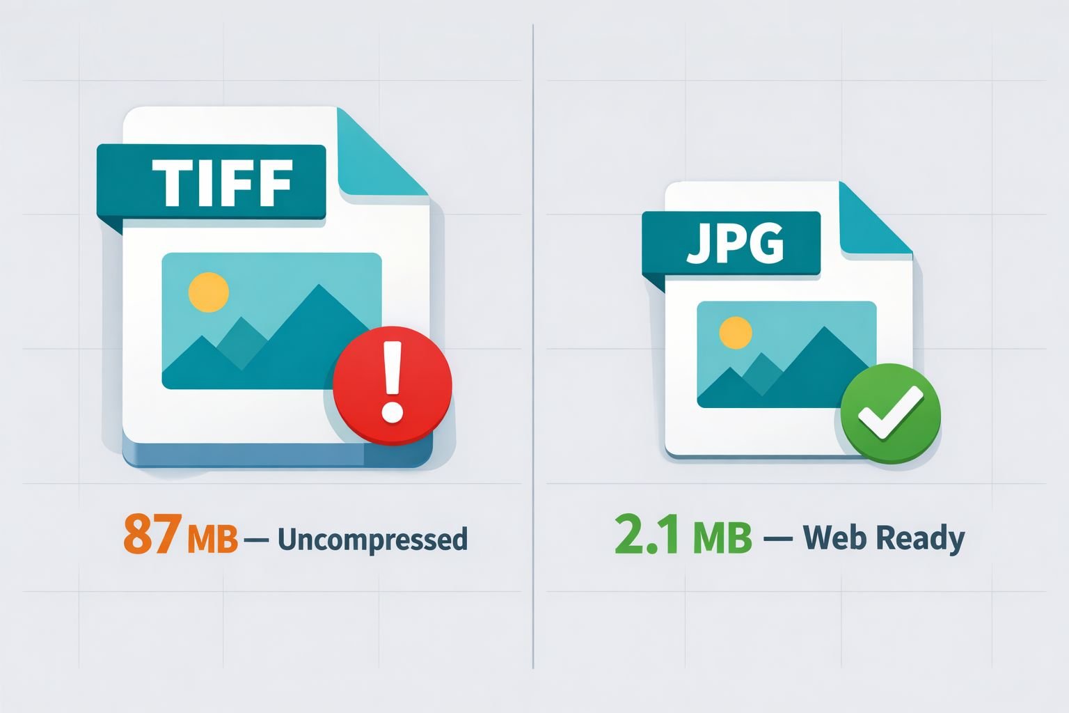 () split-screen infographic illustration showing two file icons side by side: a large bulky TIFF file icon labeled '87 MB —