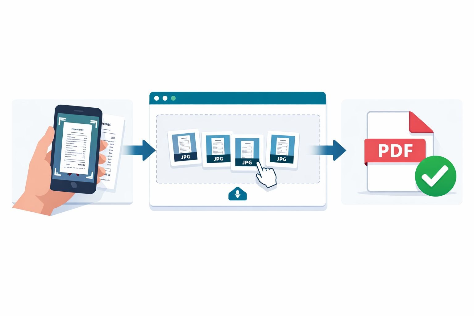 () instructional concept illustration showing a three-panel workflow: left panel shows a smartphone camera scanning a paper