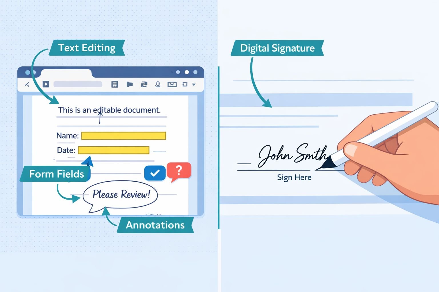 () illustration showing a split-screen comparison of PDF editing workflows: left side shows a browser tab with a PDF