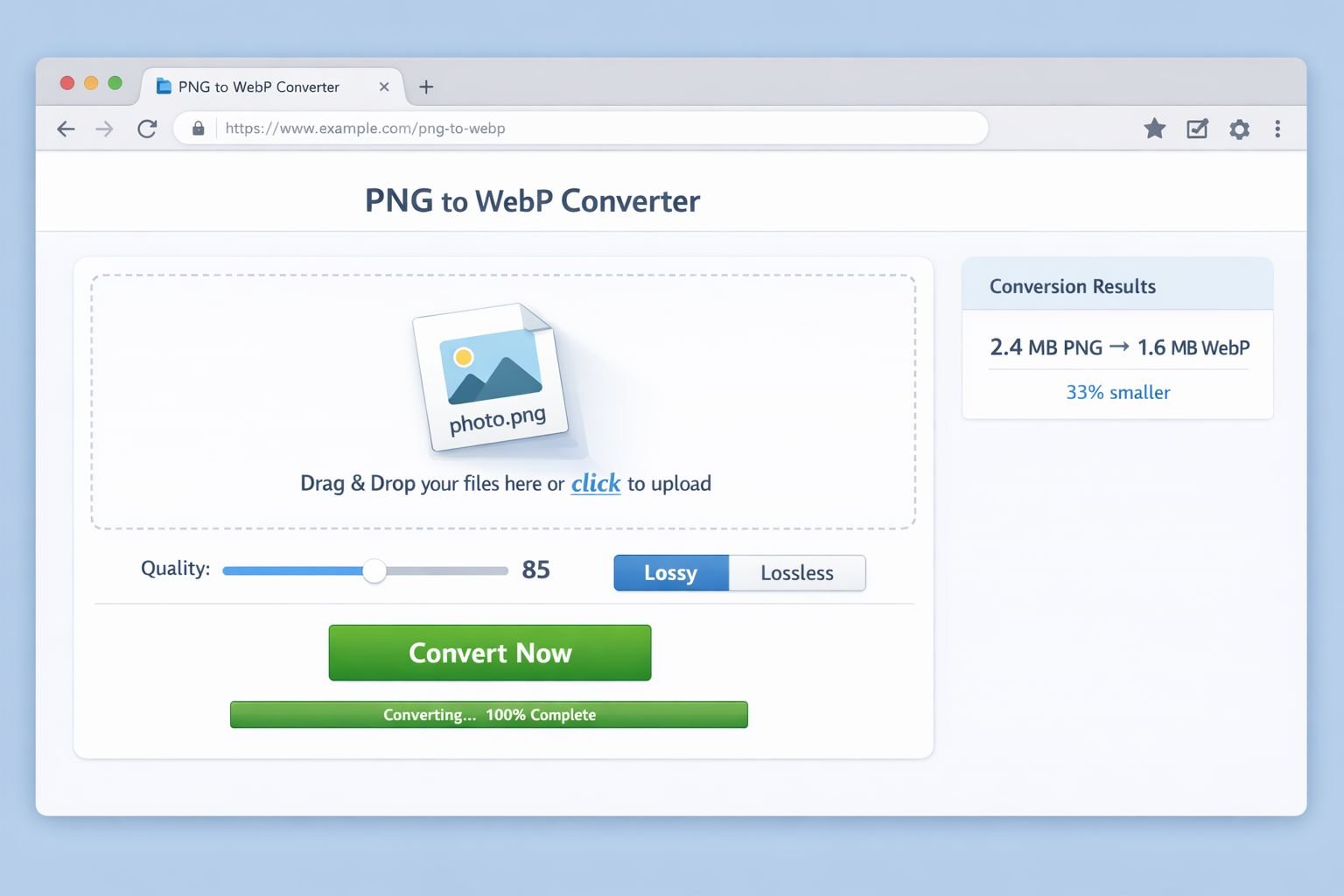 () screenshot-style illustration of a browser-based PNG to WebP converter tool interface on a desktop monitor. The screen