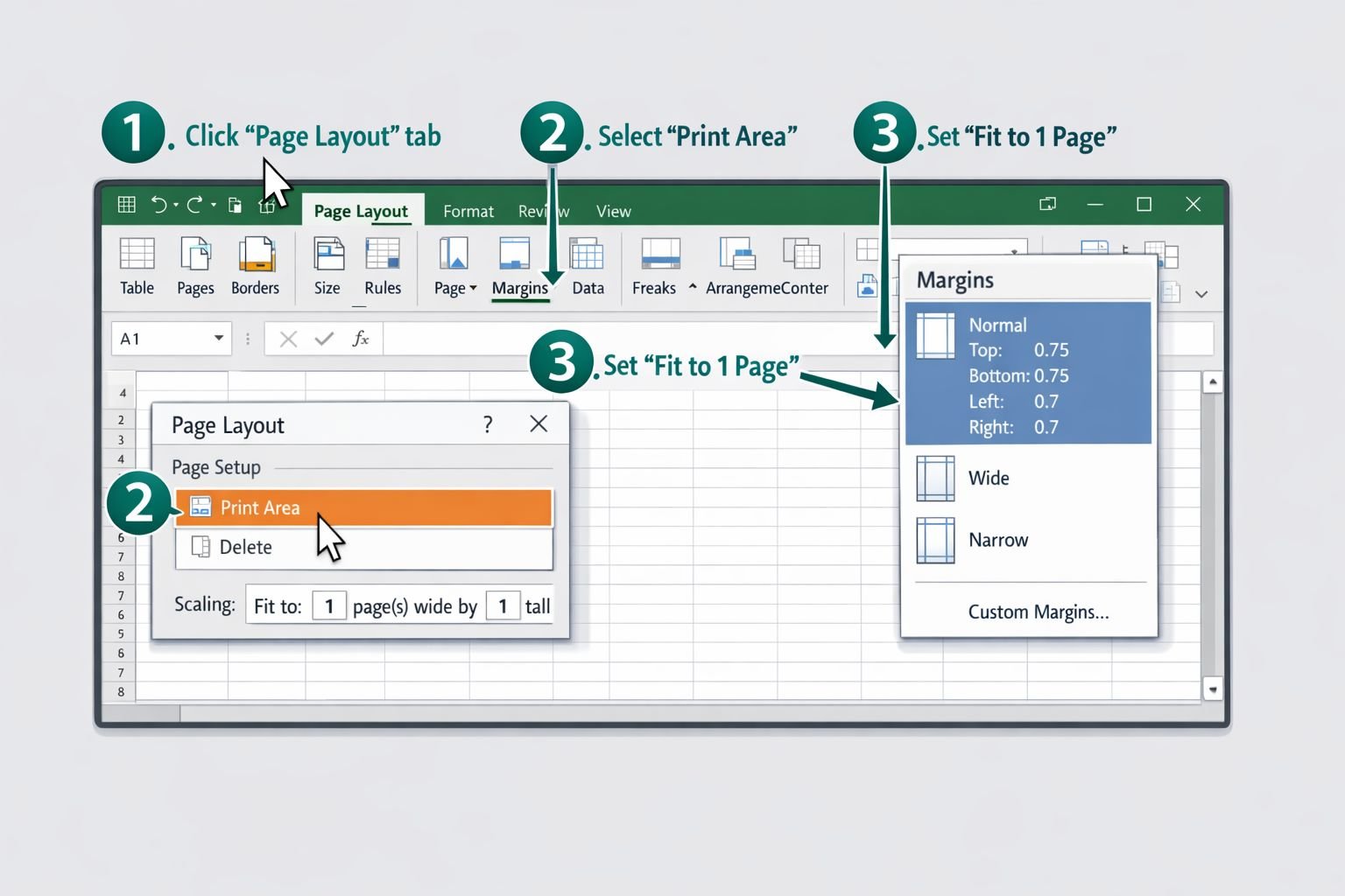 () step-by-step process diagram showing Excel Page Layout settings panel open on screen, with callout arrows pointing to: