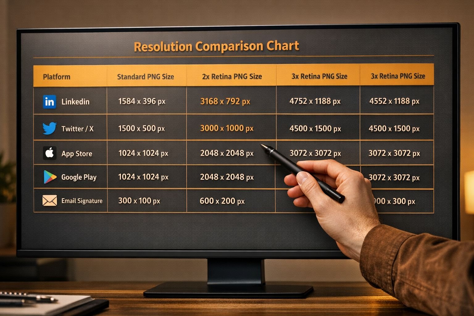 () resolution comparison chart displayed on a large monitor screen, showing a data table with platform logos (LinkedIn,