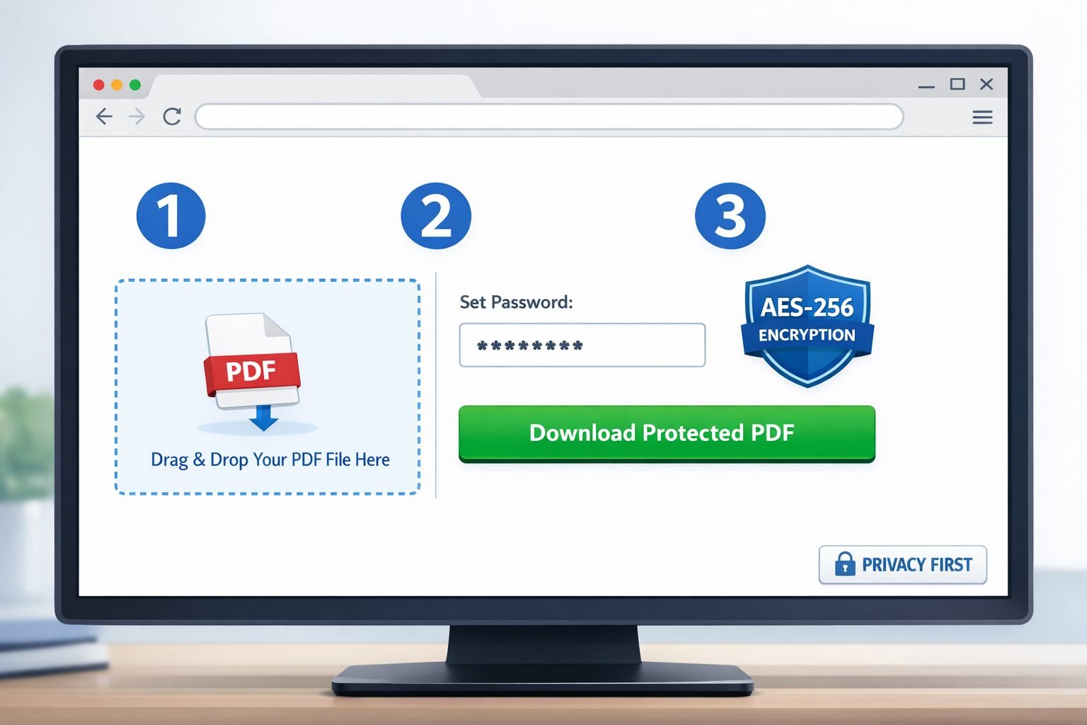 () step-by-step process illustration showing a browser window open on a desktop monitor with a PDF protection tool