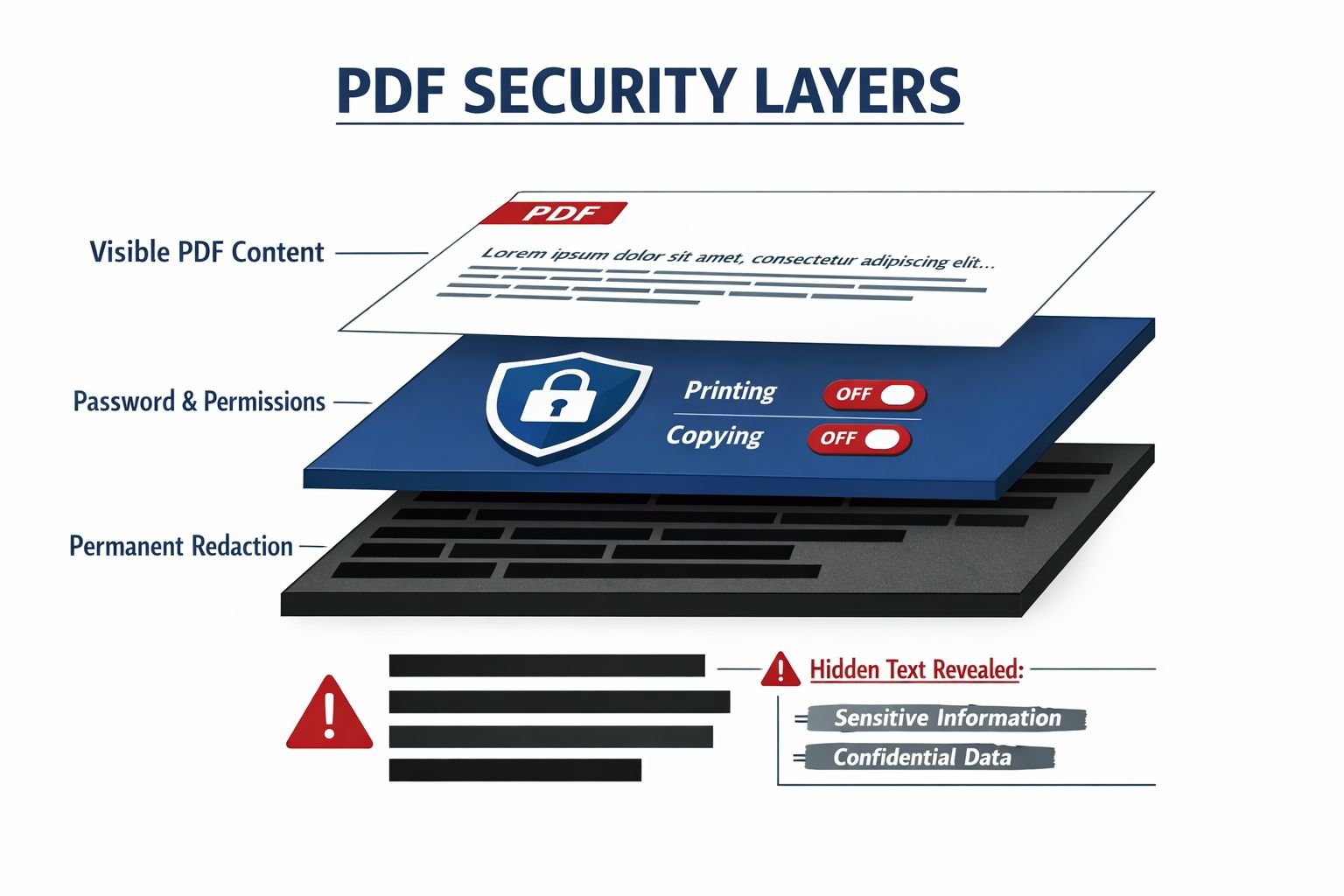 () conceptual illustration showing PDF security layers as a cross-section diagram: top layer shows a PDF page with visible