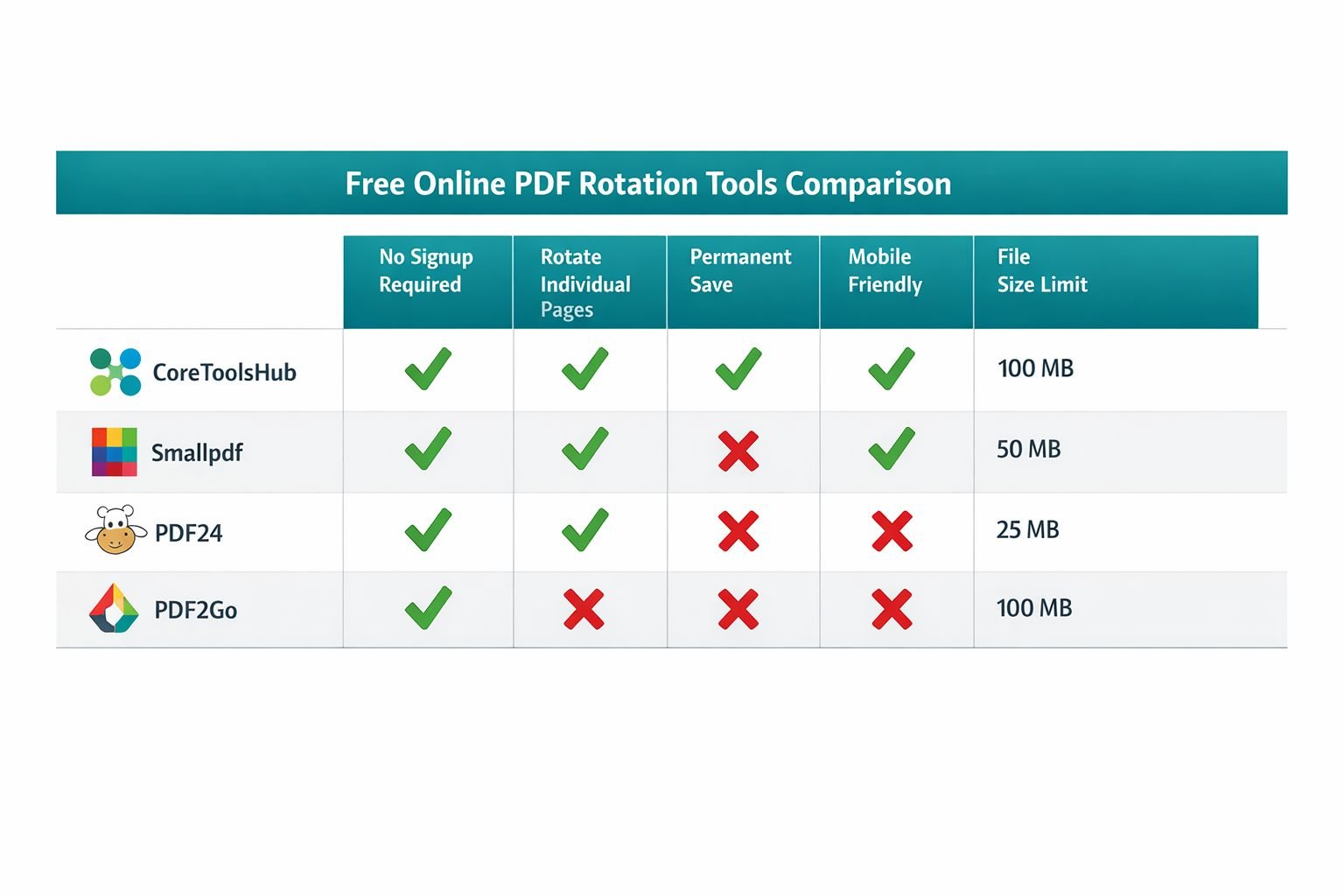 () comparison table visualization as a stylized infographic. Shows a side-by-side comparison chart of four free online PDF