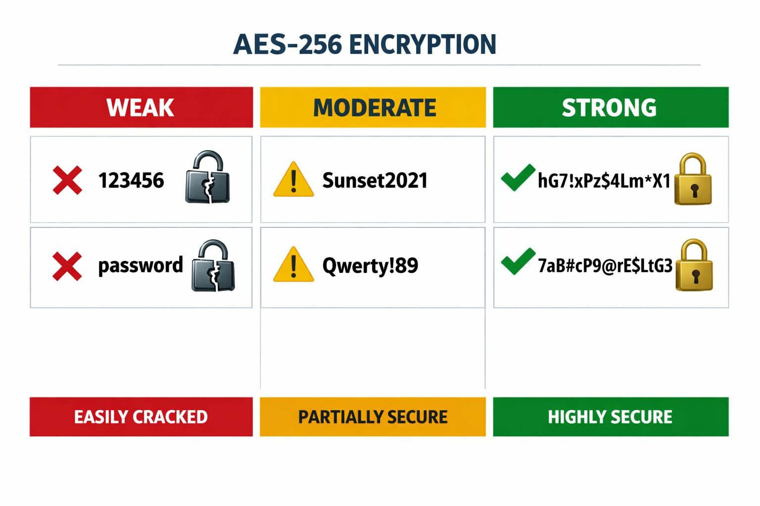 () split-view infographic comparing password strength tiers for PDF encryption. Left column shows WEAK passwords (123456,