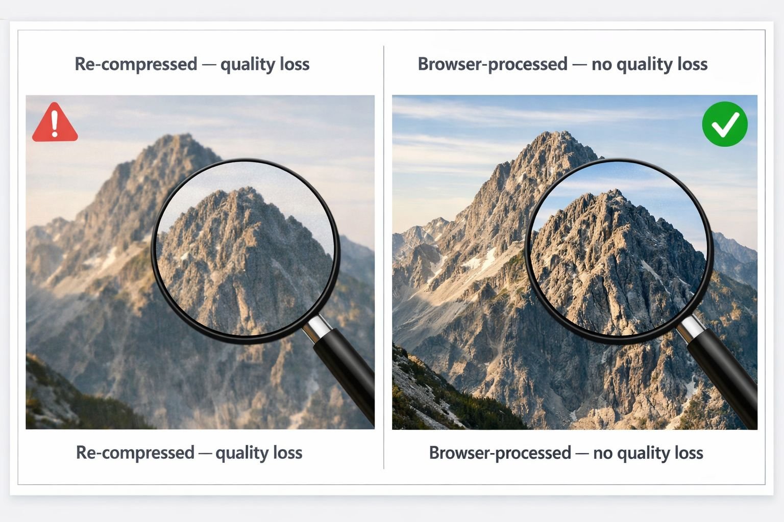 () side-by-side image quality comparison showing the same cropped photo before and after, with a magnifying glass zoomed-in