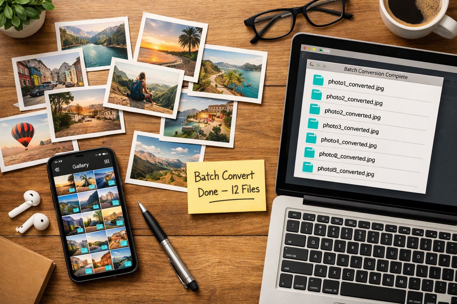 () overhead flat-lay photo of a wooden desk with multiple printed photographs spread out, a smartphone showing a photo
