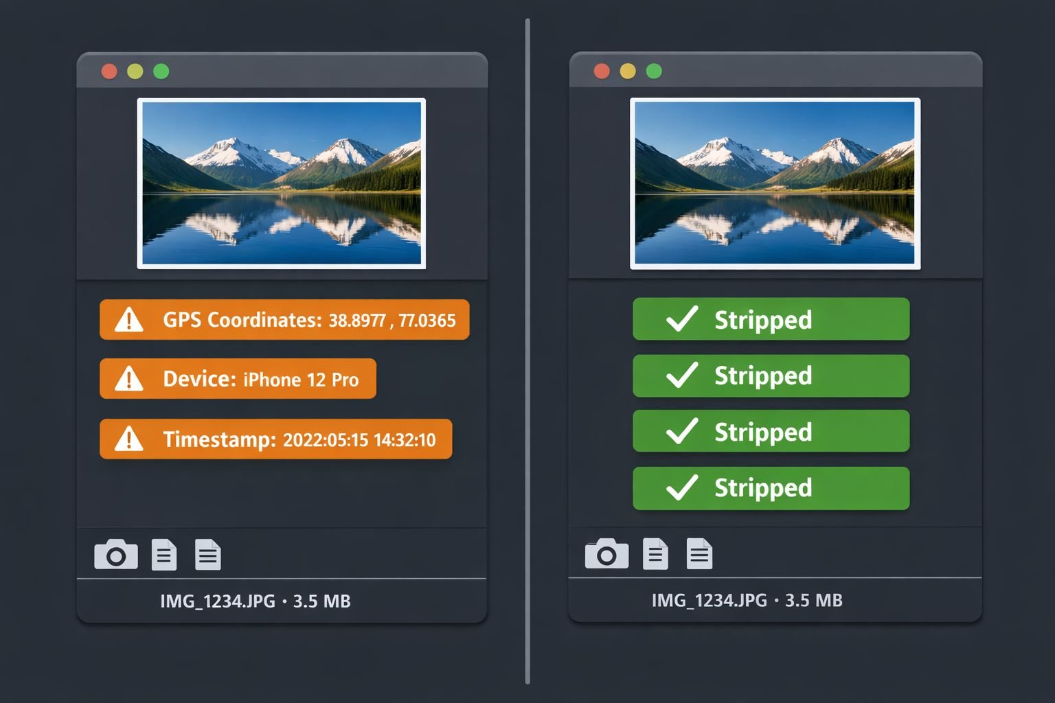 () editorial illustration showing a split-screen concept: left side displays a photo file with visible EXIF data fields —